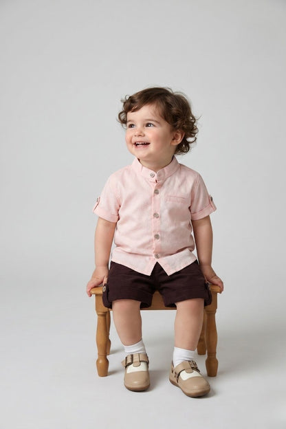 Light Pastel Pink Short-sleeve Shirt & Brown Shorts