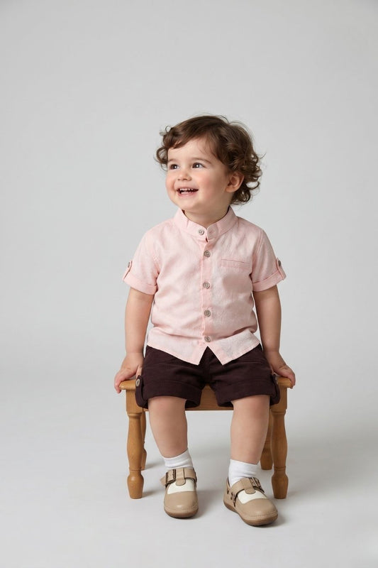 Light Pastel Pink Short-sleeve Shirt & Brown Shorts