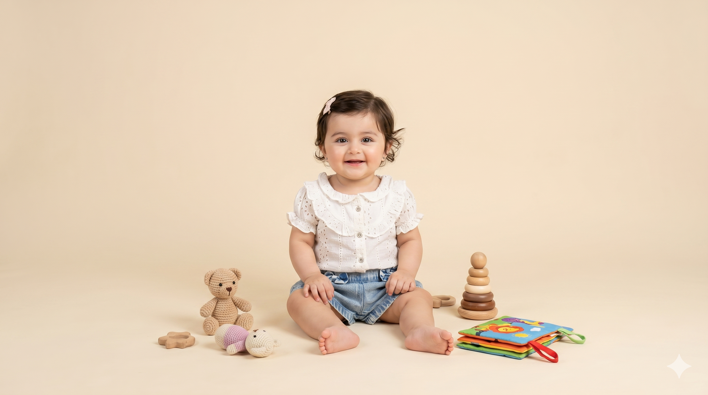 Baby sitting on a beige background with toys around