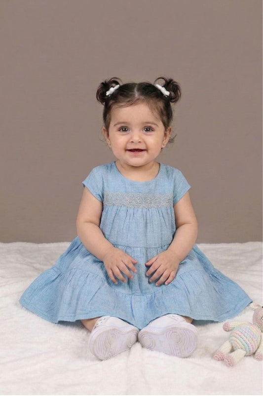 Light Blue,tiered Cotton Frock - For Newborn Girls