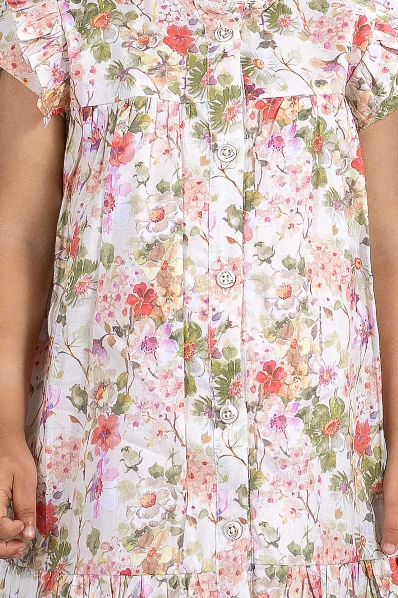 Girls White Floral Printed Cotton Frock