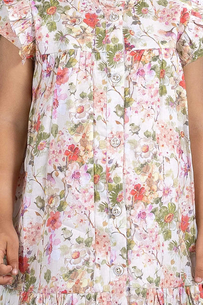 Girls White Floral Printed Cotton Frock