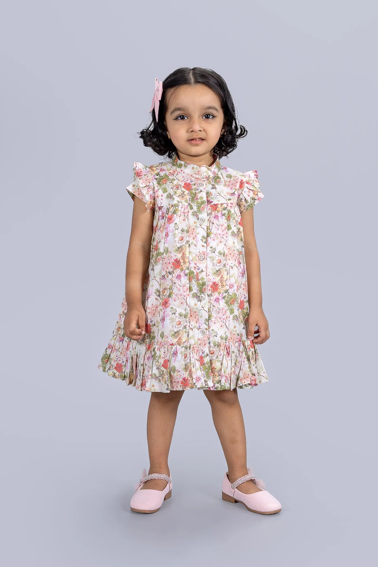 Girls White Floral Printed Cotton Frock