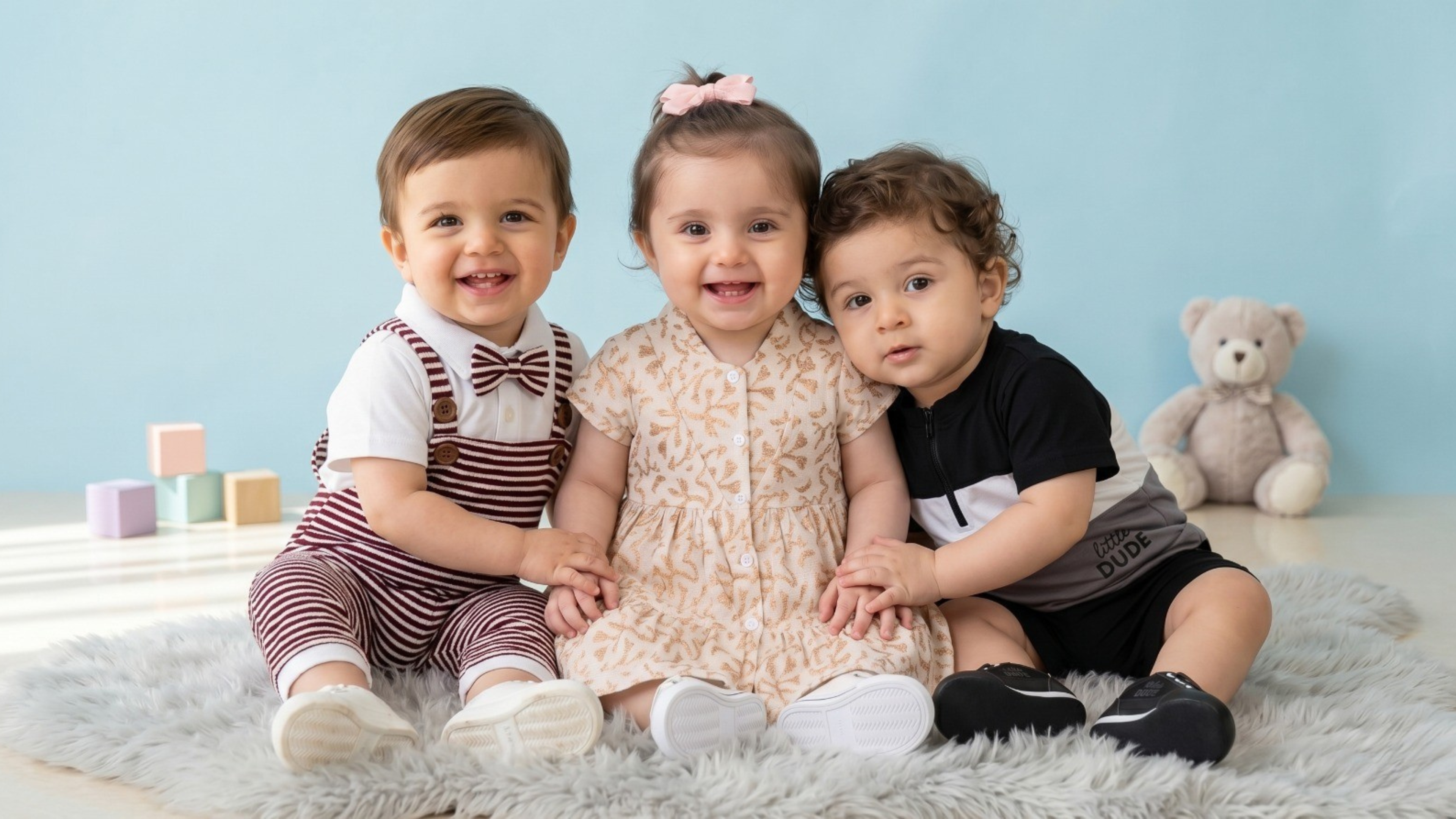 Three children sitting together on a fluffy rug with a blue wall and teddy bear in the background.