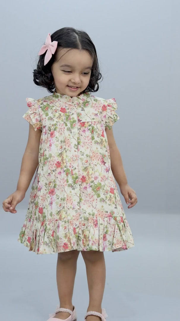 Girls White Floral Printed Cotton Frock